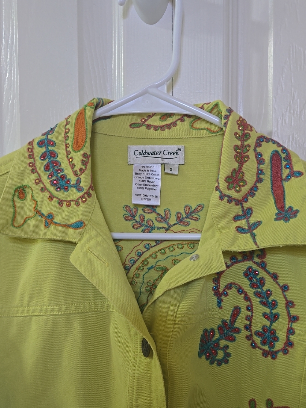 Coldwater Creek Lime Green Embroidered Jean Jacket
